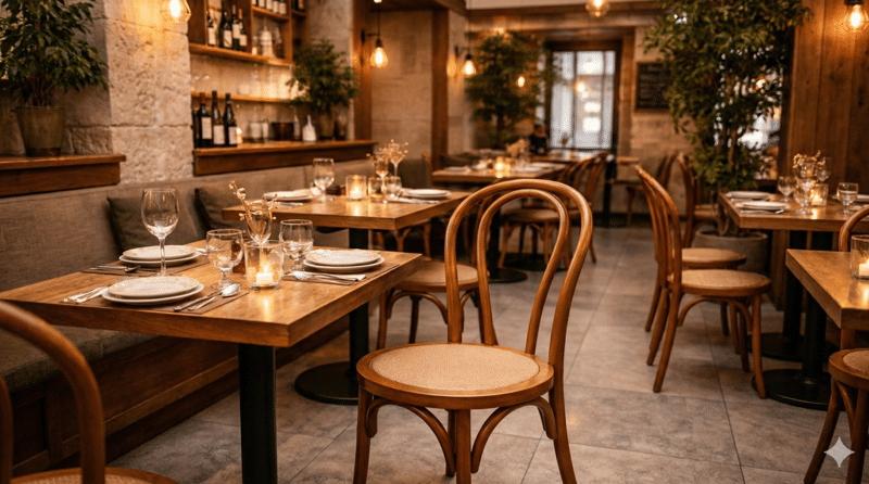 Intérieur de restaurant, avec au premier plan une chaise en bois au dossier courbé